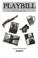 Photocopied playbill for Hamlet with pictures of mavia boss and moll, beer mug, two old guns, and the Brooklyn Bridge
