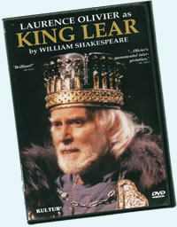 DVD cover of "Laurence Olivier as King Lear" with him in crown and furr-collared robe