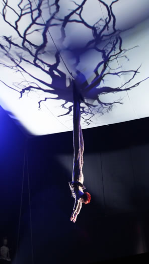 Woman in checkered suit and red hair lowers down from the ceiling, head first, arms extended down as if in a dive, and the legs extending from the white-sheet celing on which tree roots appear in silhouette