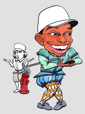 Caricature of Tiger Woods with cell phone and incredulous caddy in Renaissaisance Veronese clothes