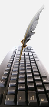 A computer keyboard with a feather pen typing