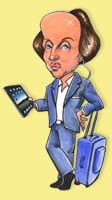 Caricature of cool Shakespeare with iPad, iPod and suitcase